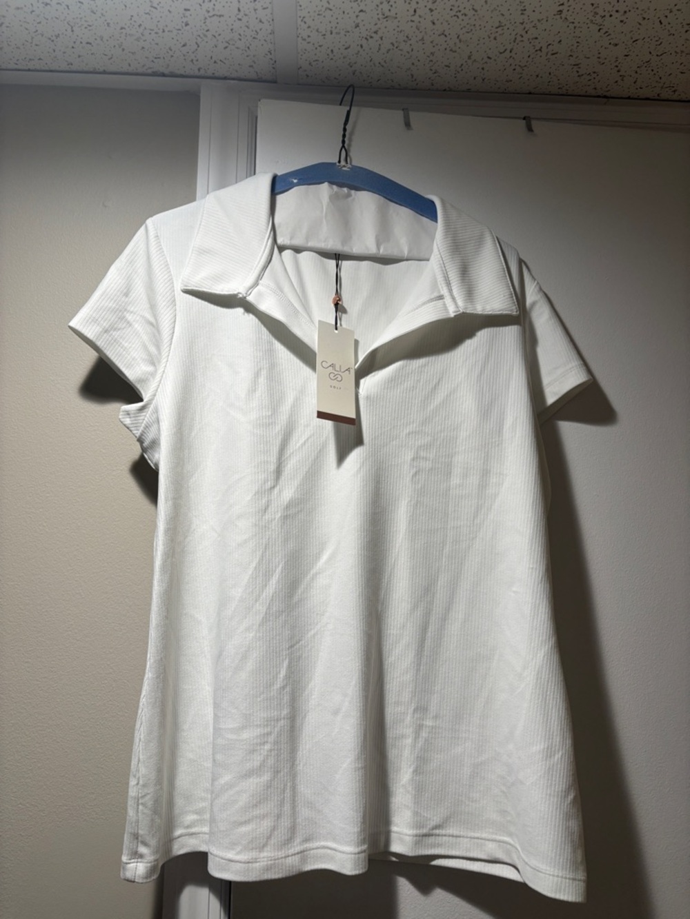 CALIA by Carrie Underwood White Ribbed Short-Sleeve Polo Top w/13% spandex